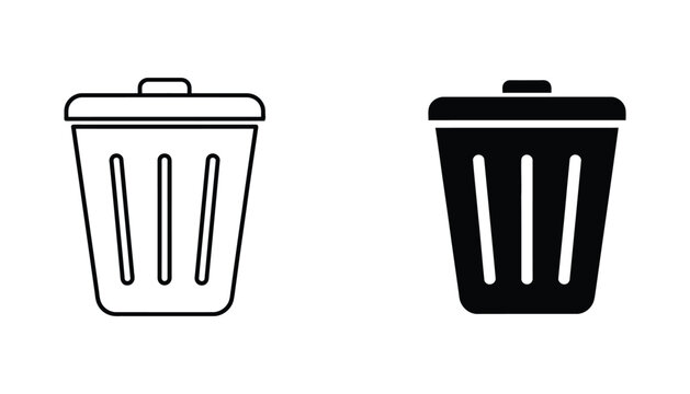 Waste management trash bin vector icon set for recycling and cleaning service branding in outline and solid black styles