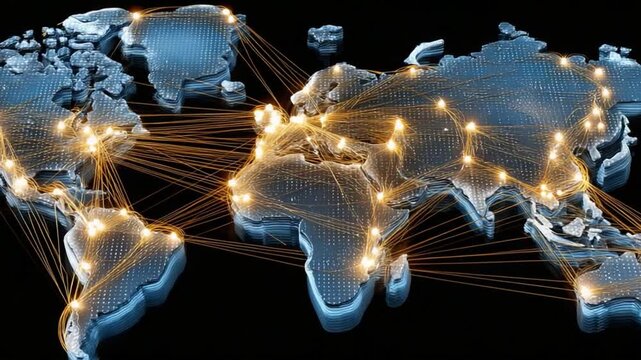 Global Network Connections: A detailed illustration of a world map with glowing nodes and connecting lines, representing the complex web of global communication and data flow across continents.