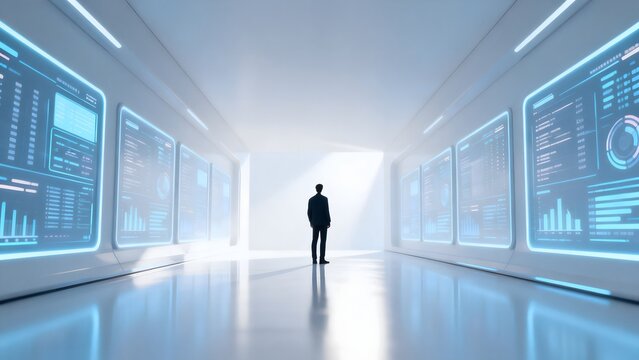 Person in futuristic corridor with data displays