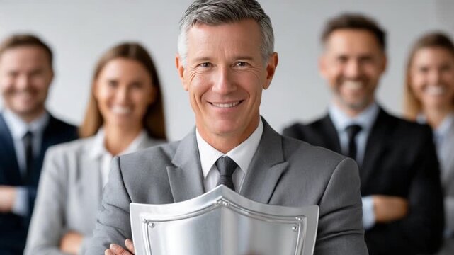 Shield of Leadership: A confident leader stands front and center, clutching a silver shield of protection, with a supportive team radiating strength and trust. symbolizing protection and teamwork.