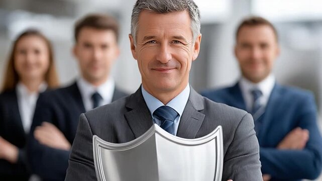Protected Business Leadership: A confident businessman, supported by his team, embodies the strength and security of a successful business, holding a shield as a symbol of protection and guidance.