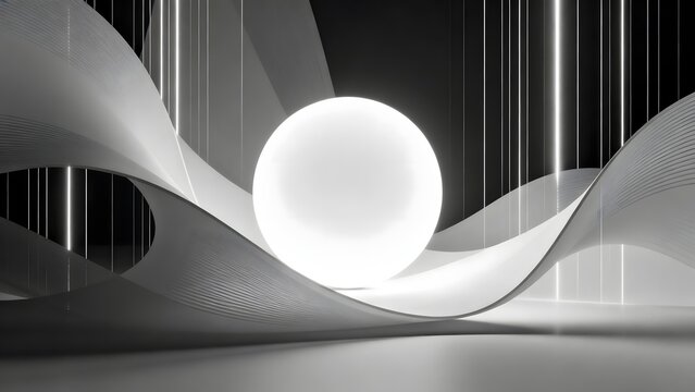 Abstract white and black curved forms with glowing sphere
