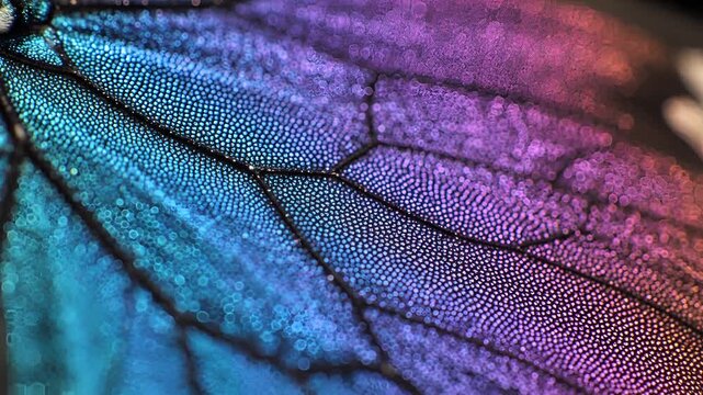 Macro View of Iridescent Butterfly Wing Scales and Veins.