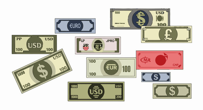 Assorted currency notes with visible symbols and denominations