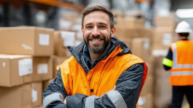 Warehouse Worker's Smile: A cheerful worker in a high-visibility vest stands in a busy warehouse, radiating competence and dedication amid stacks of cardboard boxes.