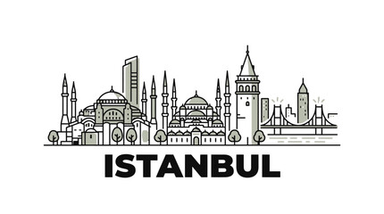 Naklejka premium Stylized Illustration of Istanbul City Skyline Featuring Iconic Historic and Modern Landmarks in Minimalist Line Art Style