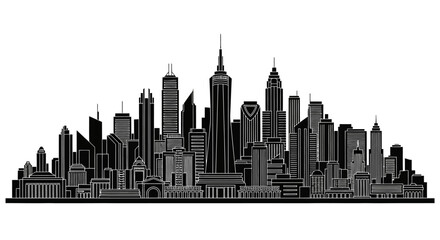 Obraz premium Black and white city skyline silhouette with detailed skyscrapers