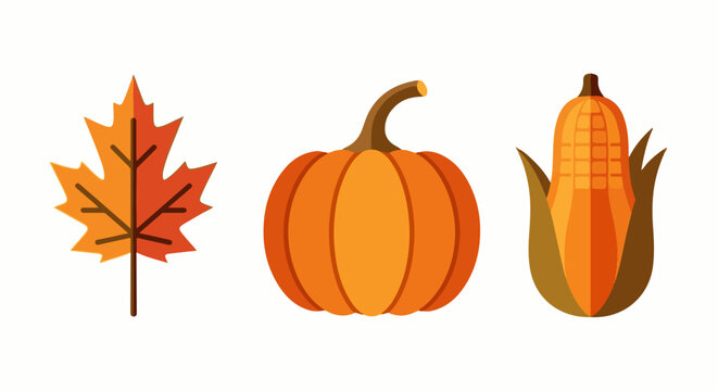 Autumn harvest icons maple leaf, pumpkin, and corn on cob
