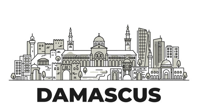 Stylized line drawing of Damascus' historic skyline with diverse architecture and ancient monuments capturing cultural heritage