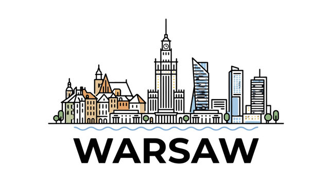 Stylized digital illustration of Warsaw skyline featuring historic and modern architecture arrayed along a riverbank