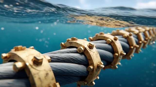 Submarine Cable: A detailed view of a sturdy submarine cable, meticulously laid beneath the ocean's surface, reflecting a connection and information transfer. 