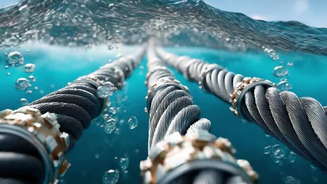 Submarine Cables in the Ocean: A captivating underwater scene showcases a series of robust submarine cables extending deep beneath the ocean's surface.