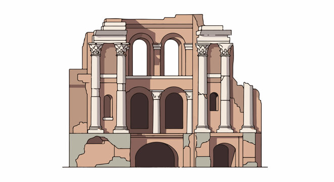 Ancient ruins of a classical building with arches, columns, and cracked stonework
