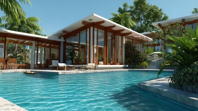 Tropical Oasis: A luxurious modern residence boasts a stunning pool, surrounded by lush tropical landscaping, under a brilliant blue sky.