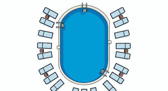 Aerial view of a blue swimming pool with lounge chairs arranged around it