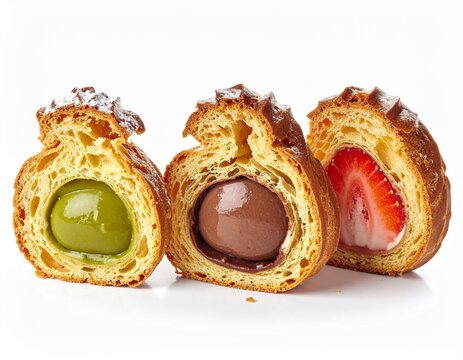 Three bombolini sliced open with different molten fillings &mdash; pistachio, chocolate, strawberry &mdash; arranged aesthetically, thick creamy centers slightly melting