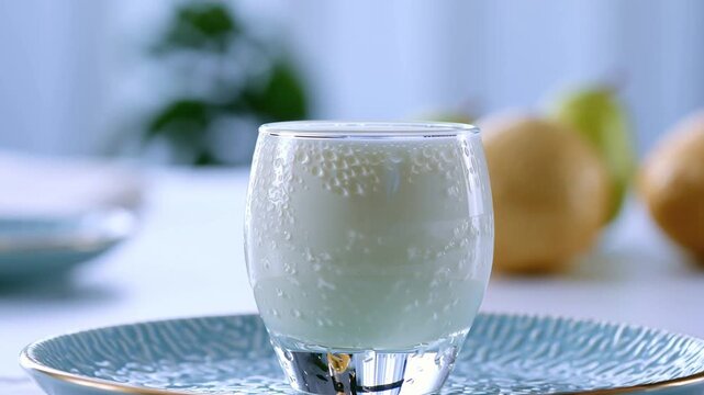 Kefir Shot being poured into a clear glass. The texture is smooth and rich. Droplets of condensation on the glass, bright minimalist kitchen background, fresh and appetizing