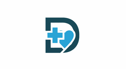 Fototapeta premium Abstract dark blue 'D' logo with blue cross and heart elements
