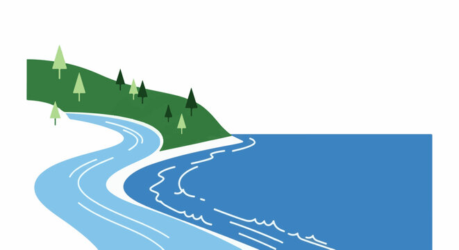 A winding blue river flows through green hills and meets a large body of blue water