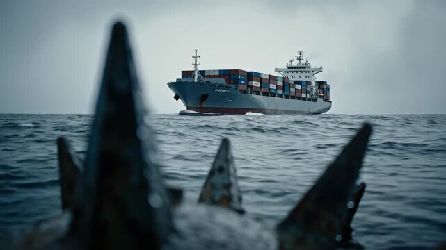 Rusty Metal Spikes with Water Droplets as Cargo Container Ship Sails on Choppy Sea