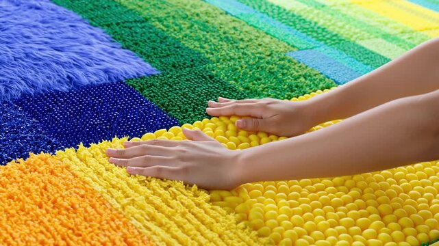 Hands of a child gently explore a colorful textured surface composed of various materials, showcasing vibrant patterns and tactile elements in a bright indoor setting