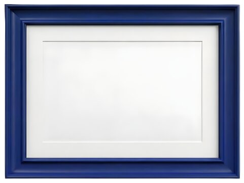 features a rectangular picture frame with a deep blue, mitered outer border and a white inner matting