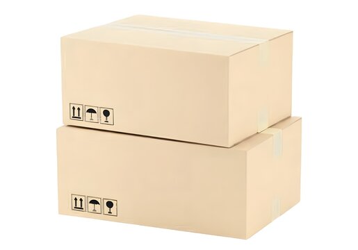 Two plain tan cardboard shipping boxes are stacked neatly on top of each other, both sealed with clear packing tape and featuring black handling symbols on their front panels.
