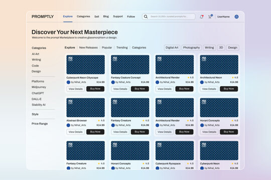 Modern Glassmorphism UI Design for AI Prompt Marketplace Website Template