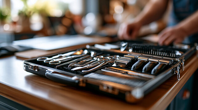 A neat case of grooming tools including scissors, clippers and combs arranged on a salon counter, pet grooming setup, professional tools, scissors, clippers, combs, organized