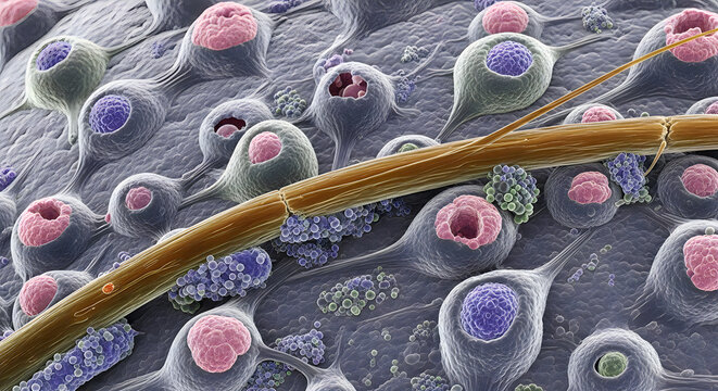 Microscopic view of bacteria and virus cells with a strand of dna, 3d render, medical illustration, scientific background