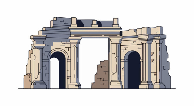 Ancient stone structure with arches, columns, and weathered ruin details