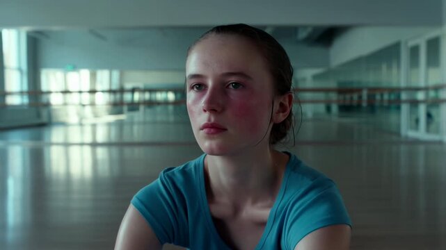 Young Ballet Dancer Relaxes On Studio Floor Following Intense Rehearsal With Reflective Surroundings