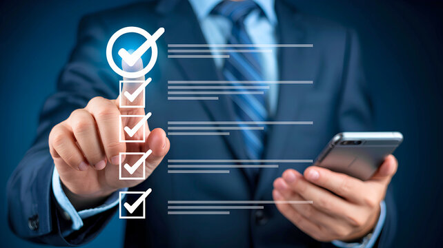 Digital Taskmaster: A sharply dressed figure interacts with a digital checklist, embodying the essence of efficiency and precision. It signifies task management and goal achievement.