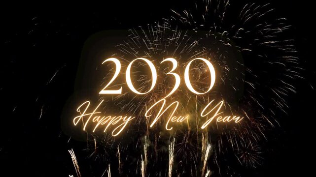Happy New Year 2030 greeting text with golden fireworks explosion on black background