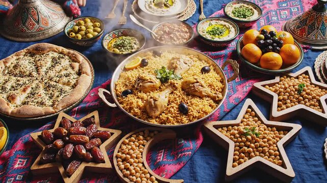 Traditional Arabic Feast with Hands Opening Steaming Chicken Kabsa Tagine Surrounded by Dates and Chickpeas for Ramadan Iftar or Eid Celebration.