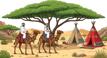 Cartoon Arab Nomads Riding Camels in Desert Landscape with Acacia Tree and Colorful Tribal Tent Traditional Middle Eastern Culture Vector Illustration © Nasima