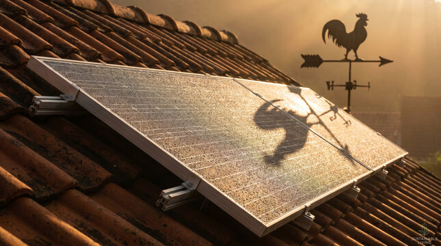 Single rooftop solar panel detail on a modest home, morning dew still beading on photovoltaic cells, terracotta tiles surrounding it, a weat