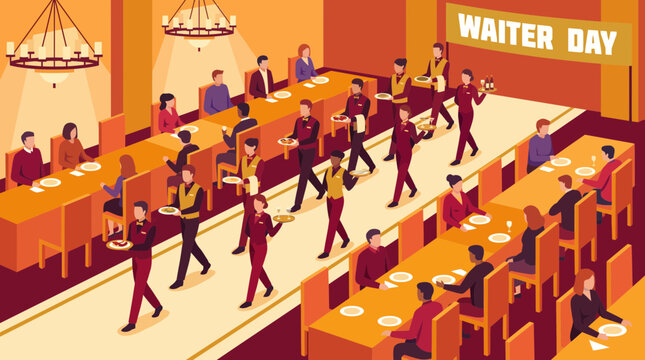 Isometric Restaurant Banquet Hall with Professional Waiters Serving