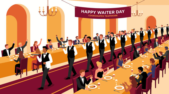 Waiter Day Celebration with Coordinated Teamwork in a Banquet Hall