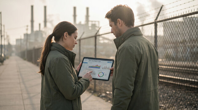 Two environmental scientists in matching field jackets examine a screen displaying real-time air quality data graphs while standing in a haz
