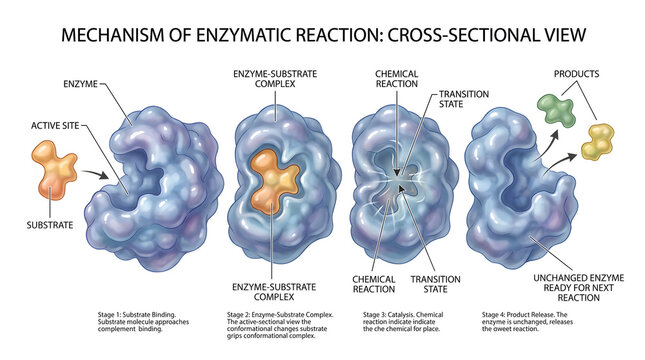 Cross‑sectional illustration of the mechanism of enzymatic reaction, showing substrate binding at the active site, formation of enzyme&ndash;substrate complex, transition state, chemical reaction and releas