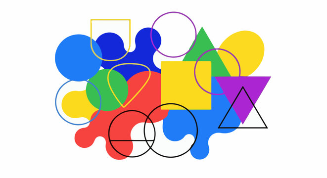Abstract explosion of colorful geometric shapes, circles, squares, and triangles