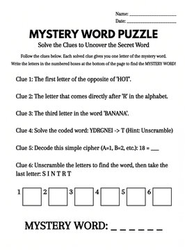 Mystery word puzzle activity sheet for educational purposes  