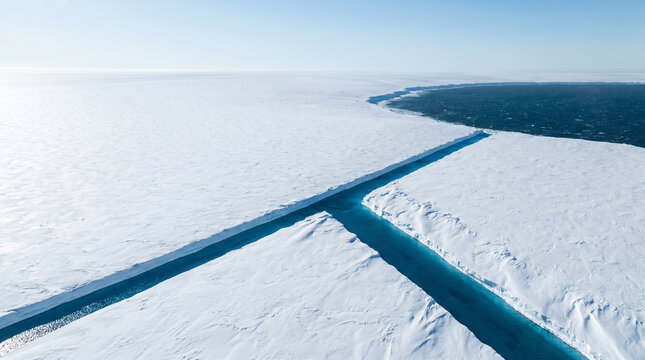 Aerial perspective of polar ice sheet with a perfectly straight meltwater river cutting through white expanse to a dark ocean edge, no veget