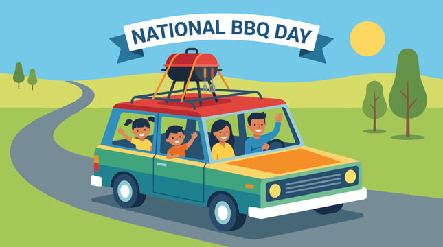 Happy Family Road Trip for National BBQ Day Illustration
