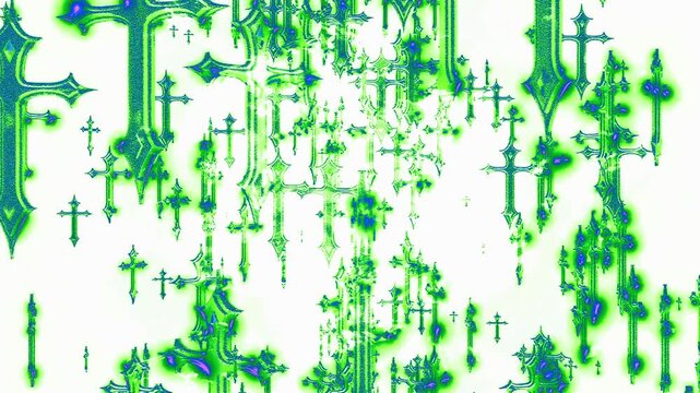 Cyber Green Gothic Cross Rain &ndash; Glitch Neon VJ Loop