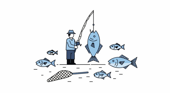 Angler with large catch surrounded by smaller fish and net