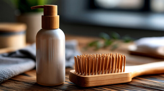 A bottle of detangling spray and a wide tooth comb on a wooden grooming table, detangling spray, wide tooth comb, wooden grooming table, hygiene products, professional setup,