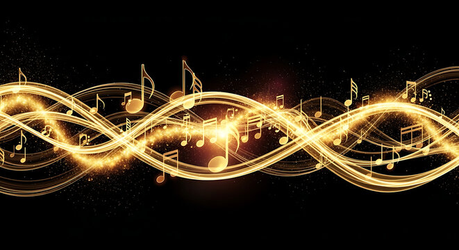 Vibrant golden music notes swirl in a mesmerizing pattern against a dark background with sparkling particles.