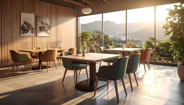 Sunlit Modern Restaurant Dining Area Overlooking Mountain Landscape Through Large Windows